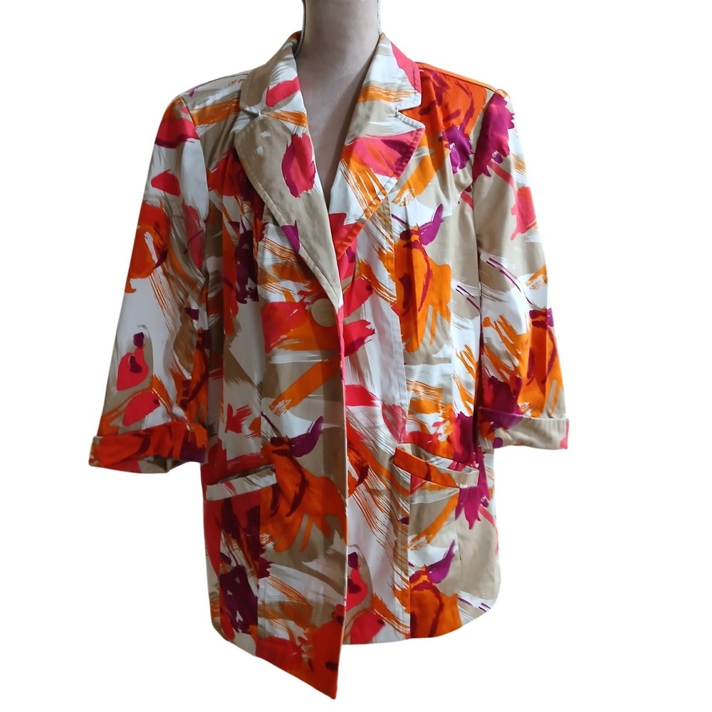 Maggie Barnes Womens 1X Floral Blazer Orange Pink Abstract 3/4 Sleeve Jacket